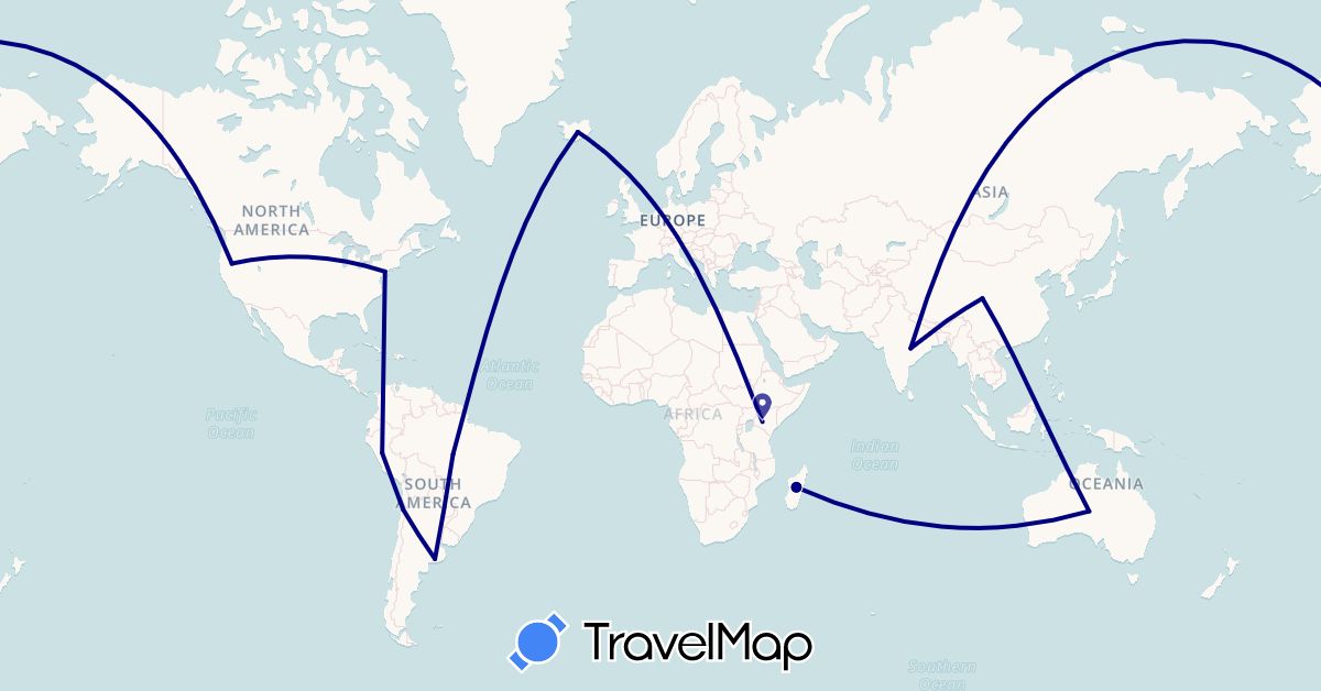 TravelMap itinerary: driving in Argentina, Australia, Brazil, Chile, China, India, Iceland, Kenya, Madagascar, Peru, United States (Africa, Asia, Europe, North America, Oceania, South America)