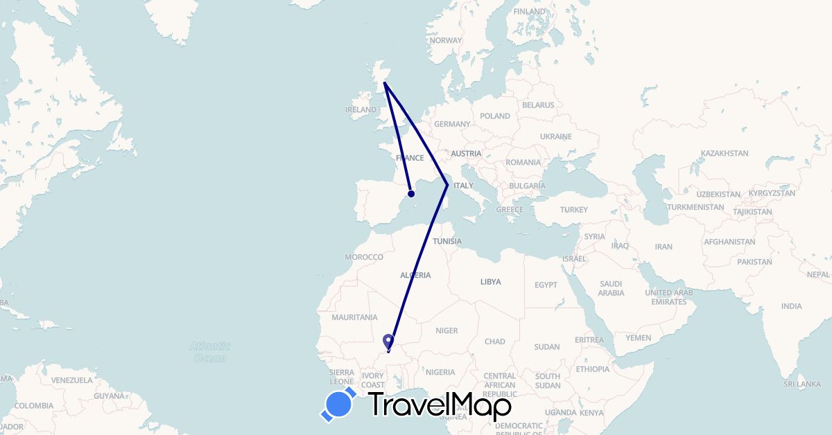 TravelMap itinerary: driving in Burkina Faso, Spain, France, United Kingdom (Africa, Europe)